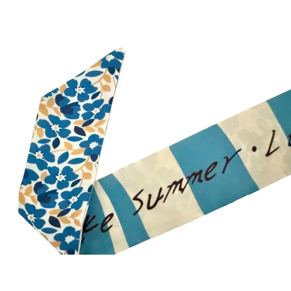 Slim Scarf Blue Floral 34in Satin Two Sided Nauticalcore Preppy No63 - Picture 14 of 16